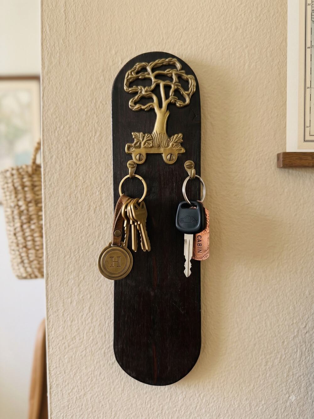 Vintage 1970s Brass "Tree of Life" Wooden Key Rack / Wall Hook